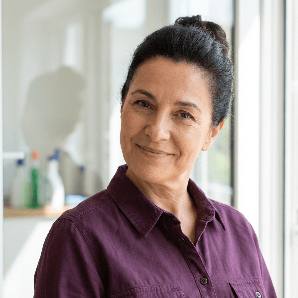 Professional woman in her 50s sitting comfortably in a clean, cozy home