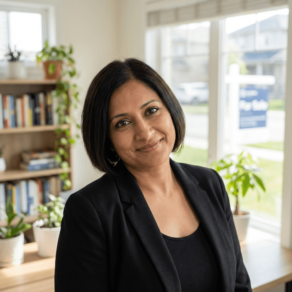 Priya Sharma smiling in her clean London apartment