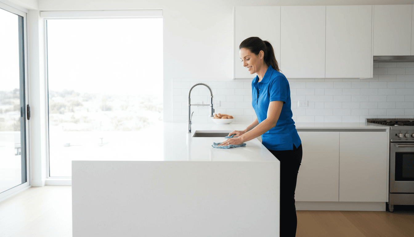 Professional cleaner wiping a modern kitchen counter in a bright, clean home