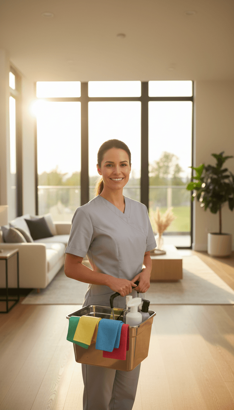 Professional cleaner in uniform holding cleaning supplies in a bright modern home