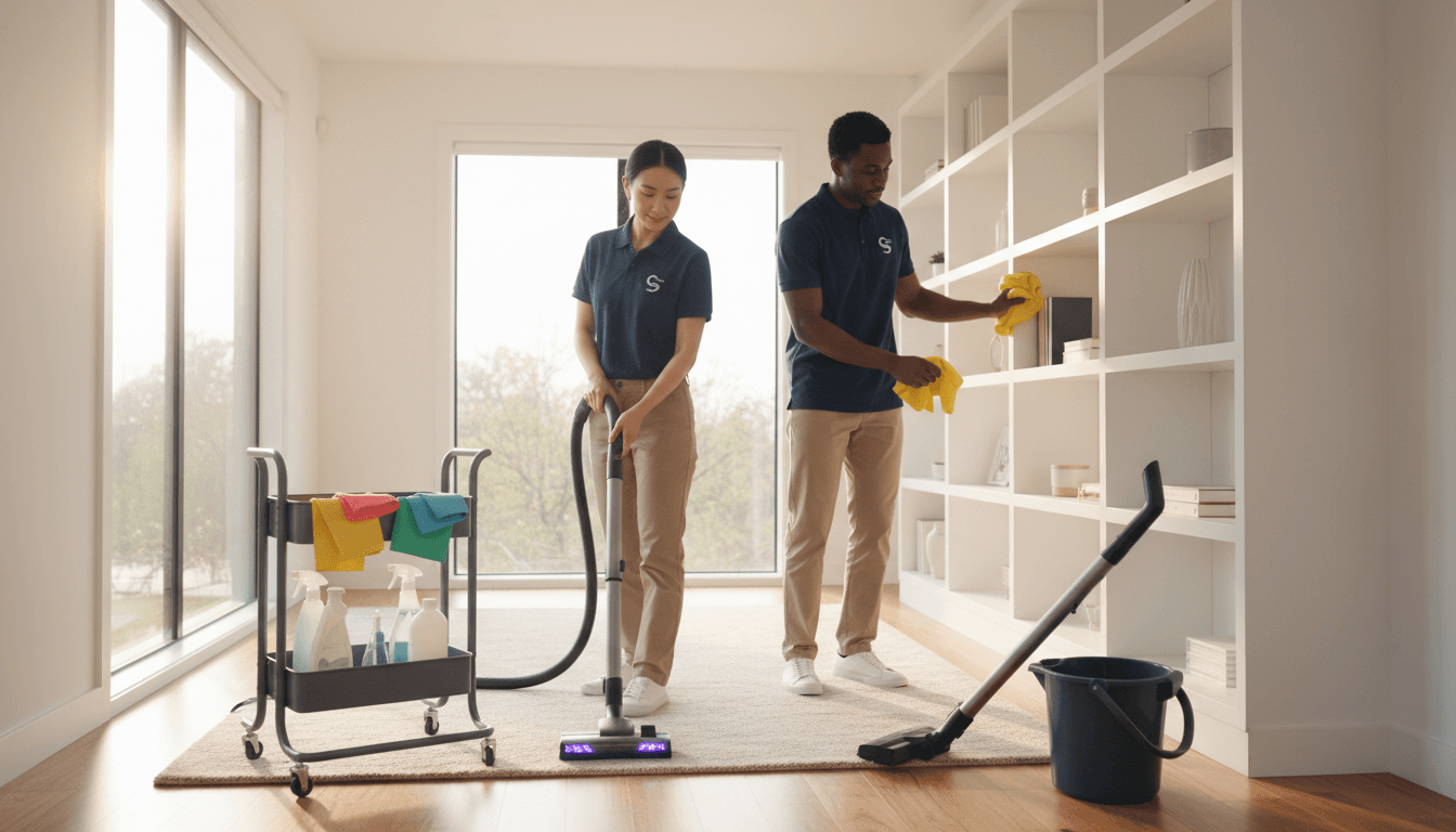 Professional cleaner with supplies in a bright, modern home