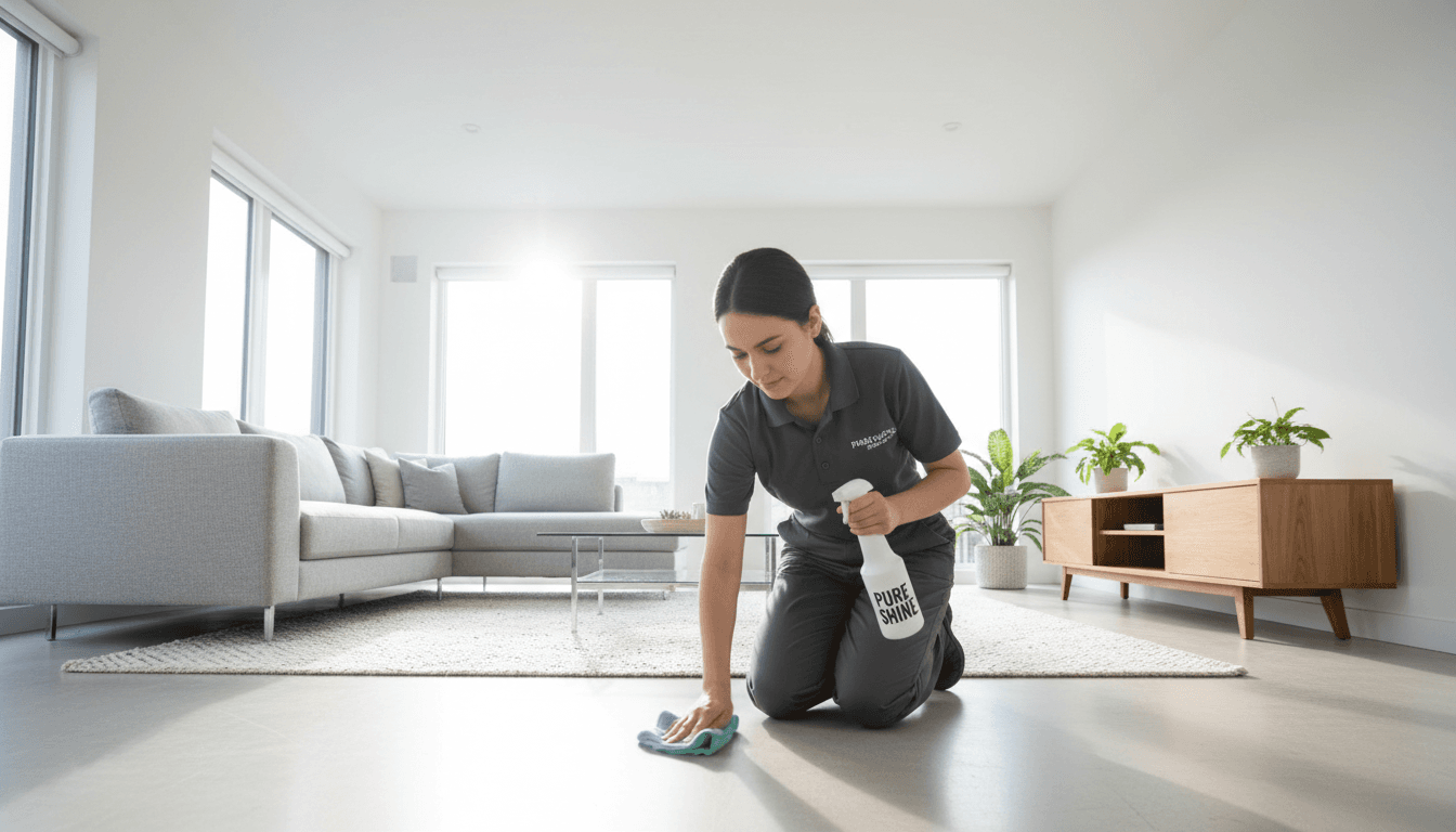 Professional cleaner with eco-friendly products in a bright modern home