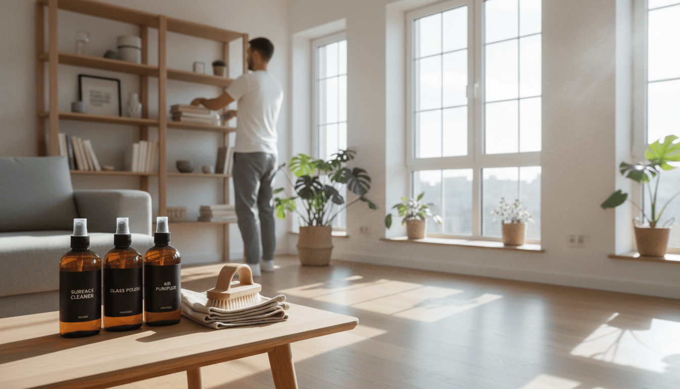 Bright modern living room with clean surfaces being prepared for a professional cleaning