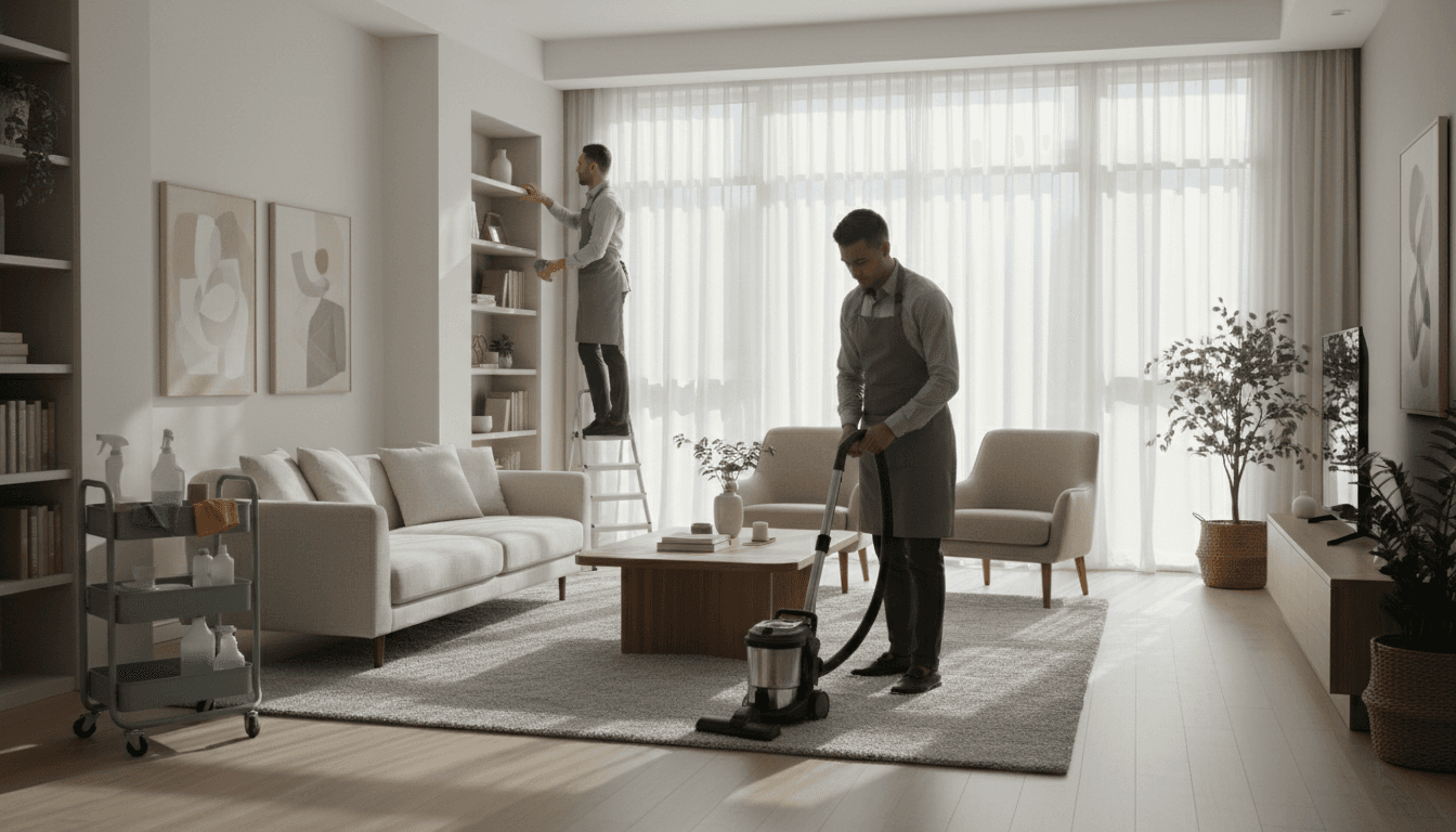 Professional cleaner organizing supplies in a bright living room